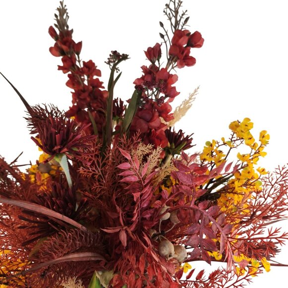Hand Tied Artificial Flower Bouquet With Dark Reds and Yellow Wildflower mixture - Picture 2 of 13